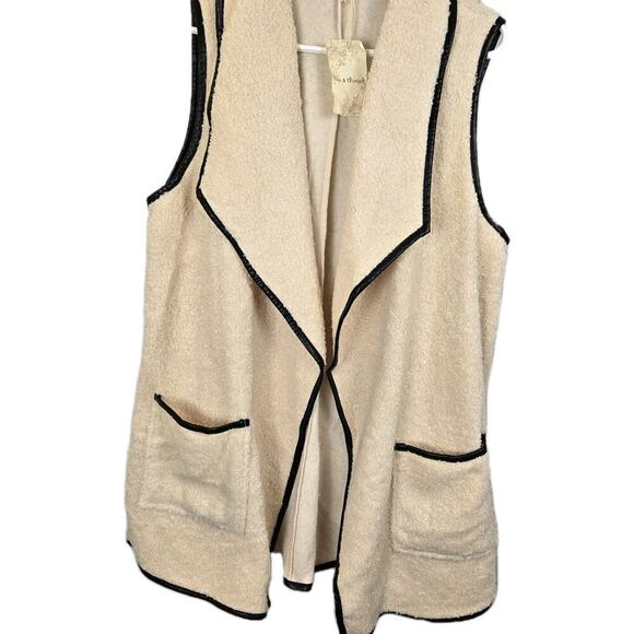 Hem & Thread Soft Sherpa Open Vest Ivory W Black Piping NWT Large LAGENLOOK BOHO - Picture 2 of 7